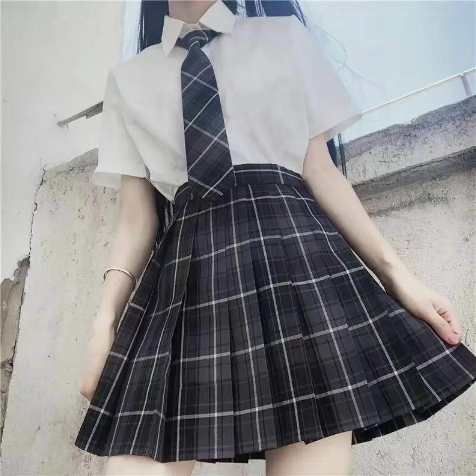 2020 Summer Korean High Waist Pleated Skirts Suit Black Gothic Sexy Cute  Mini Plaid Skirt Women Jk Uniform Sets Students Clothes