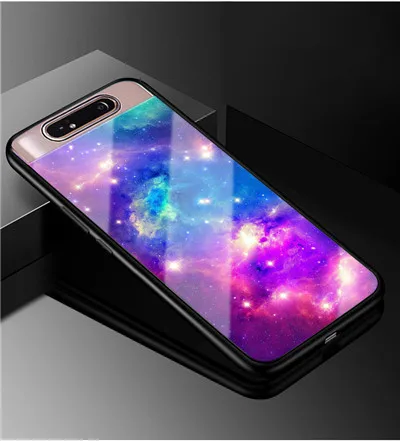 Чехол для samsung Galaxy A80, чехол из закаленного стекла с изображением животных и цветов, стеклянный чехол для samsung A80 A 80, силиконовый бампер - Цвет: Небесно-голубой