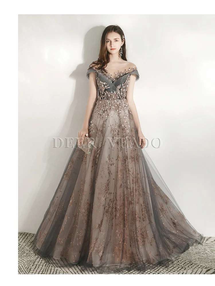 DEERVEADO MFY102 Luxury Appliques Prom Dresses Long 2020 Cap Sleeve Formal Party Dress Prom Gown with Train Robe De Soiree