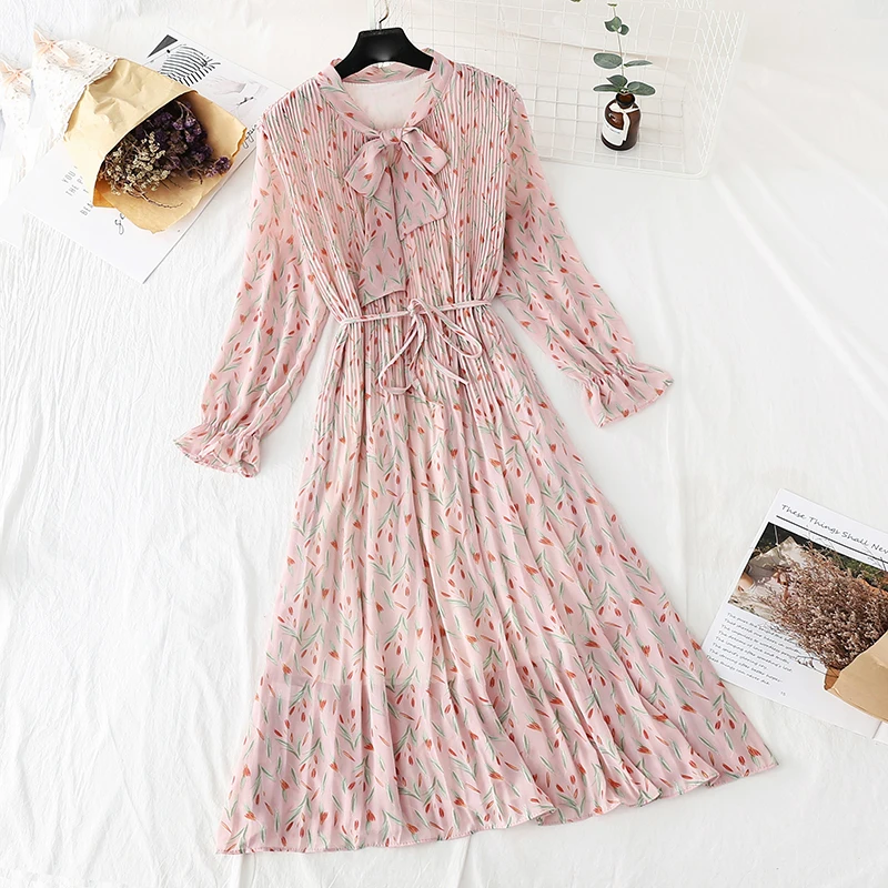 

Elegant Women Floral Print Dress 2020 New Spring Autumn Female Casual Long sleeve Pleated Chiffon Vintage A-line Dress Vestidos