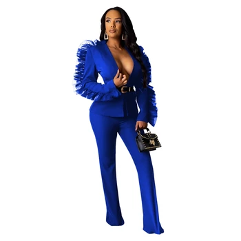 

Party Sexy 2 Piece Set Women Club Two Piece Set Autumn Ruffle Blazer Top and Pants Set Suit Elegant Christmas Matching Outfits