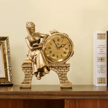 

Free Shipping Vintage Figurine Resin Crafts Table Clock Reading Beauty Statue European Home Decor Statue Clock WF1106