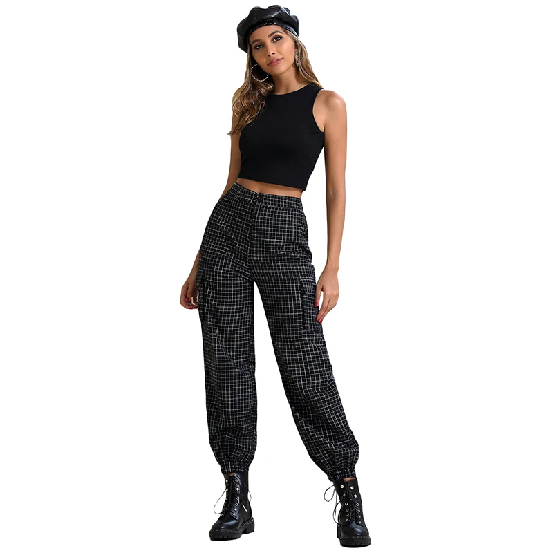 

JYSS streetwear autumn elastic pants two side pockets cargo pants women pantalones de mujer plaid black trousers girl 50089