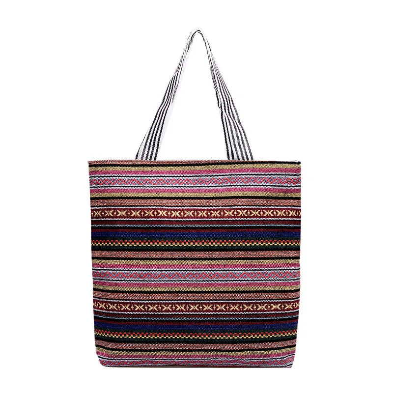 

2019 New Style Stripes Single-shoulder Canvas Bag Ethnic-Style Large-Volume Beach Bag Embroidery Hand Dish Bag