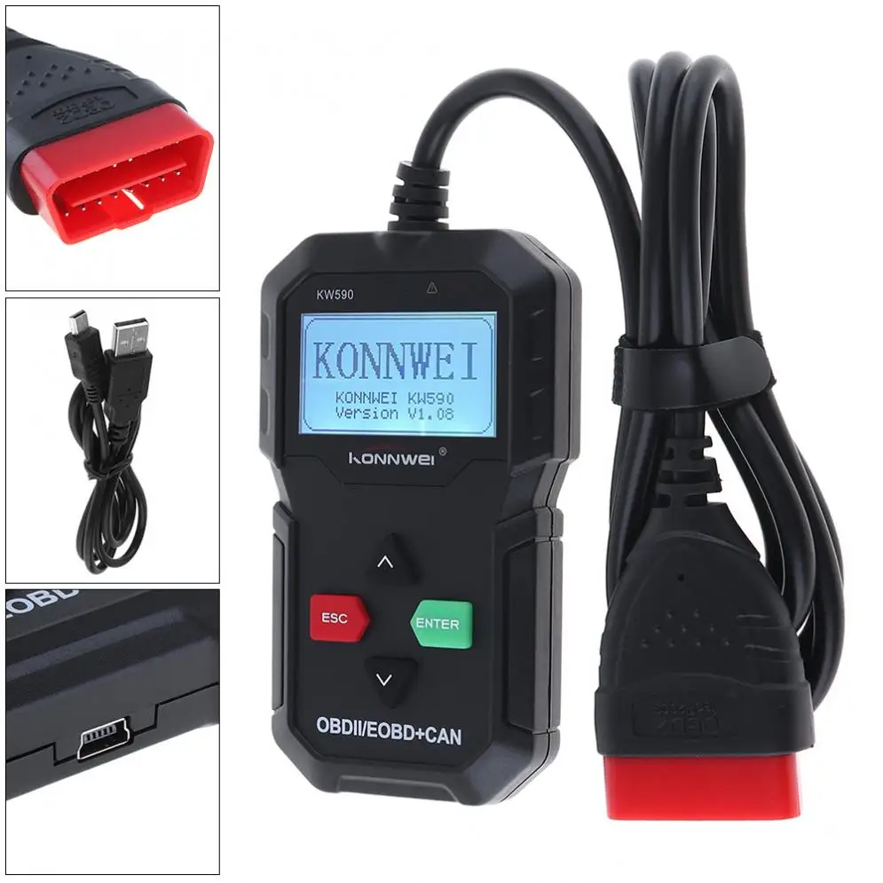 Konnwei KW590 12V OBDII Многоязычная Автоматическая диагностика неисправностей Обнаружение Instrumen с черной тканевой сумкой для 12V бензиновых автомобилей
