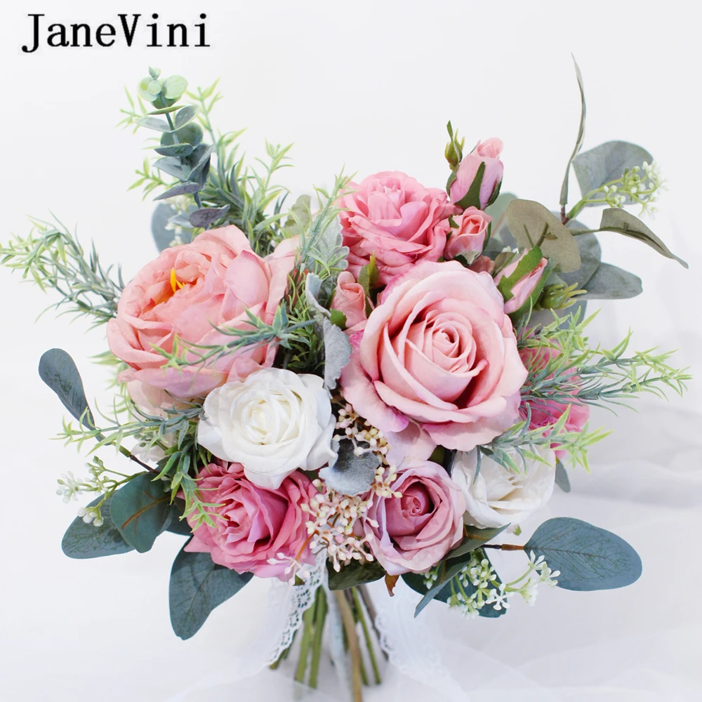 Janevini 2021 New Dusty Pink Silk Flower Artificial Wedding Bouquet Rose Mulit Color Western Elegant Bridal Bouquet Accessories