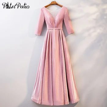 

Elegant Shiny Pink Prom Dresses Long 2019 Scoop Neck With Half Sleeves A-line Floor-length Women Evening Dresses Plus Size