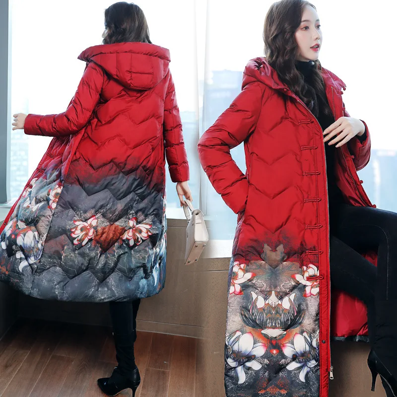 

Cotton Coat Women's Mid-length 2018 New Style Winter Vintage Printed Frog Cotton-padded Clothes Fashion over-the-Knee Hooded Cot