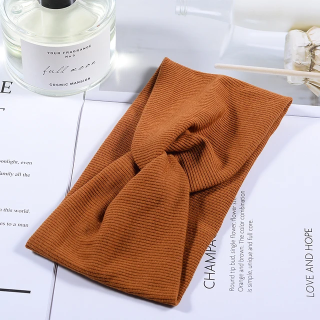 Women Headband Twist Turban Solid Wide Knitted Knotted Yoga Twisted Hairband Accessories For Turban Bandage Bandanas Hair Bands 01-Brown