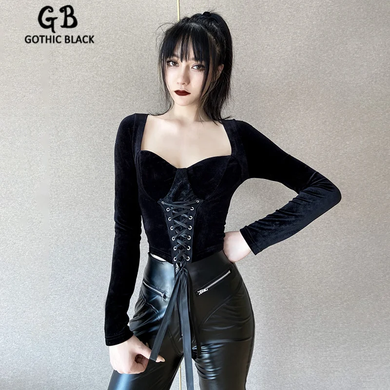 Gothblackスリムファッションソリッドvネッククロップトップ女性ゴシックボディコン包帯セクシーなtシャツ女性ストリートダーク長袖トップス Tシャツ Aliexpress