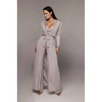 

ITFABS Elegant Ribbed 3pcs Set Women Autumn Suit Straps Tank Top Long Cardigan Coat High-Waist Flare Pants for Ladies Clothes