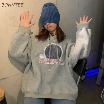 

Hoodies Women Hooded New Retro Thicker Plus Velvet Solid Letter Print Loose Womens Hoodie All-match Leisure Trendy Chic Students