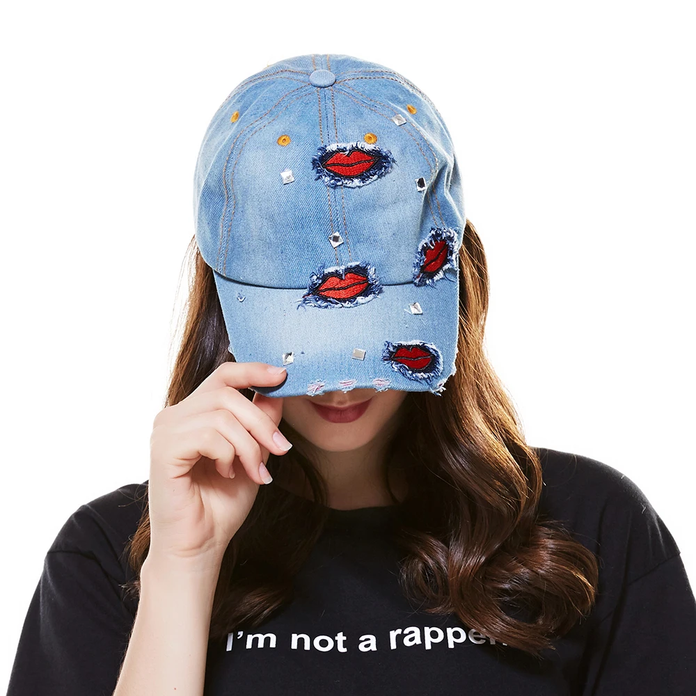 WELROG вышивка сексуальные губы Snapback шляпы стразы конский хвост изогнутые поля для женщин Элегантный Duckbill кепки бейсболки - Цвет: B