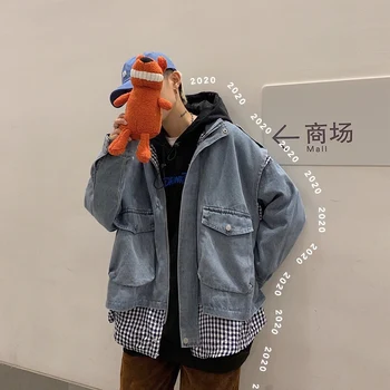 

2020 Men's Cowboy False Two Piece Loose Coat Lattice Printing High-quality Denim Jacket Black/blue Color Outerwear Size M-XL