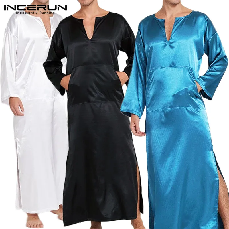 Модные мужские халаты, ночная рубашка из искусственного шелка и атласа, одноцветные, с длинным рукавом, v-образный вырез, карманы, домашняя