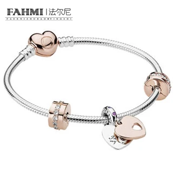 

2020 100% 925 Brand New 1:1 Charm Elegant Zircon Enchanting Heart Pendant & Rose Gold Bracelet Set For DIY Gifts