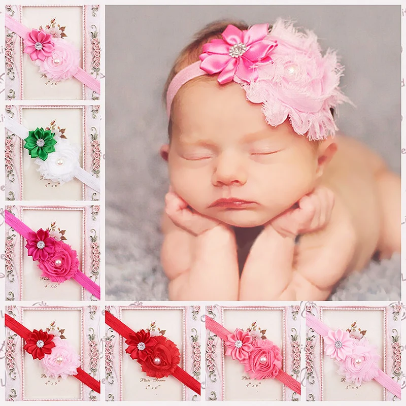 

Headband Crystal Cloth Venetian Pearl Photography Props Elasticity Cotton Newborn Flowers Old Burrs 18Colors Adjustable Kids