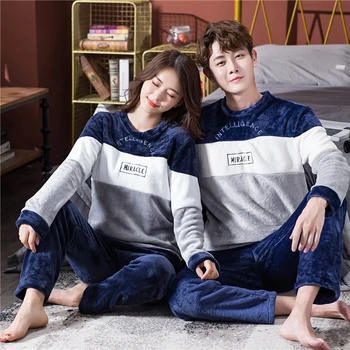 

Harrill Autumn Winter Flannel Couple Pajamas Set Warm Plus Size Home Pajamas 2PCS Cartoon Pattern Women Men Sleepwear Nightwear