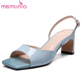 

MEMUNIA 2020 top quality genuine leather sandals women shoes solid color square heel summer sandals simple party shoes woman