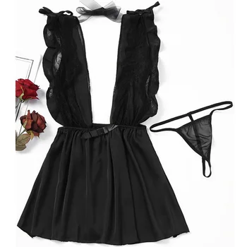 

Chiffon fabric see-through lotus lace deep V charming sexy back skirt leotard ladies fun nightdress suit