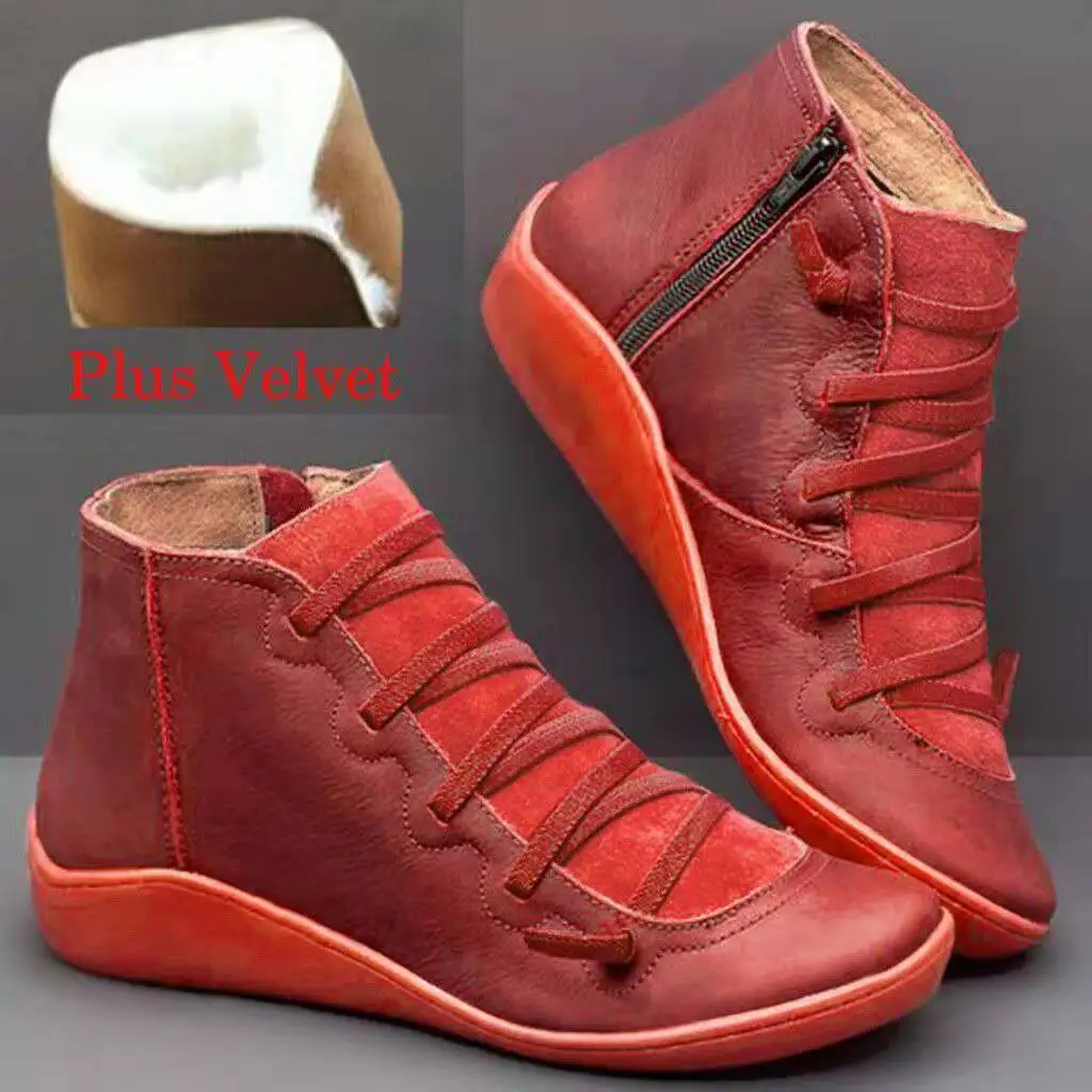 2020 Autumn Winter New Women's Vintage Leather Boots Flat Waterproof Shoes Winter Round Toe Ankle Boots Platform Boots Women