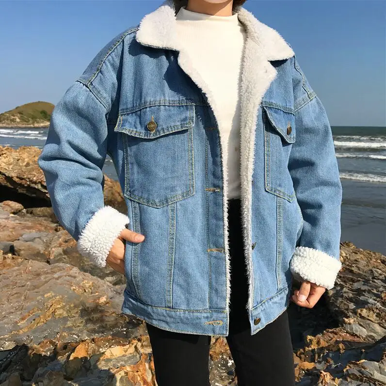 

casual thick warm blue Winter coat for women New student style Autumn Lamb wool Jeans Denim Jackets snow Basic female coat NZY68