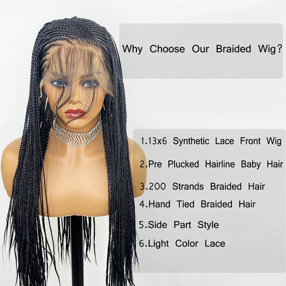 Online YYsoo Lace Front Wig 13x6 Long Braided Synthetic Wigs for Black Women Fully Hand Tied Braided Wig Heat Resistant Black Color