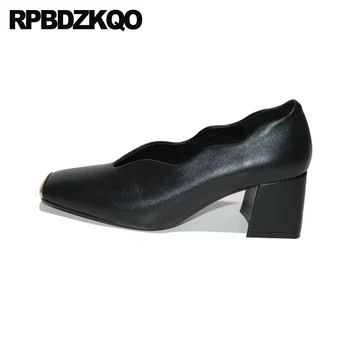 

pumps medium heels fashion shoes 2019 luxury women square toe block genuine leather thick korean size 33 casual 4 34 beige black