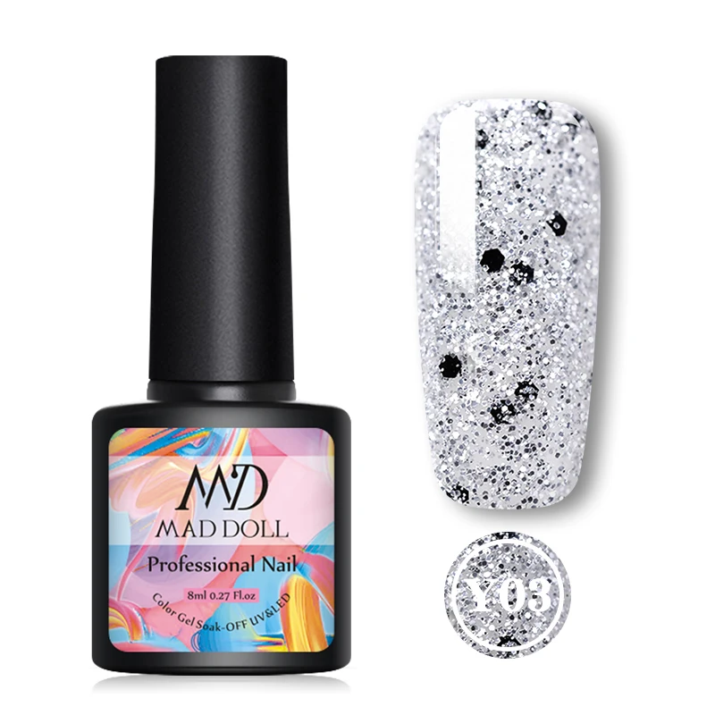 MAD DOLL, 1 бутылка, 8 мл, Гель-лак для ногтей, зеленый, смешанные цвета, блестящая блестка, впитывающий УФ-гель для ногтей, для самостоятельного дизайна ногтей - Цвет: Y03
