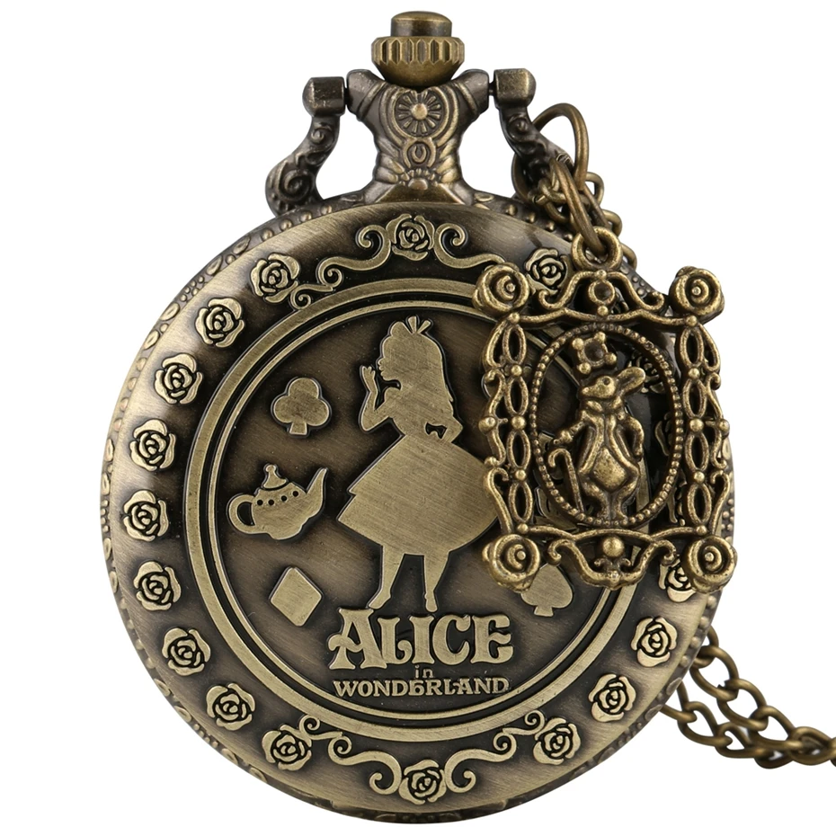 Retro Alice in Wonderland Theme Bronze Lovely Princess Quartz Pocket Watches Rabbit Carousel  Vintage Fob Watches with Accessory