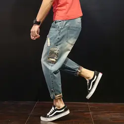 2019 летние мужские лоскутные джинсы с дырками, повседневные винтажные джинсы в стиле хип-хоп, школьники подростки, тонкие джинсы, мужские