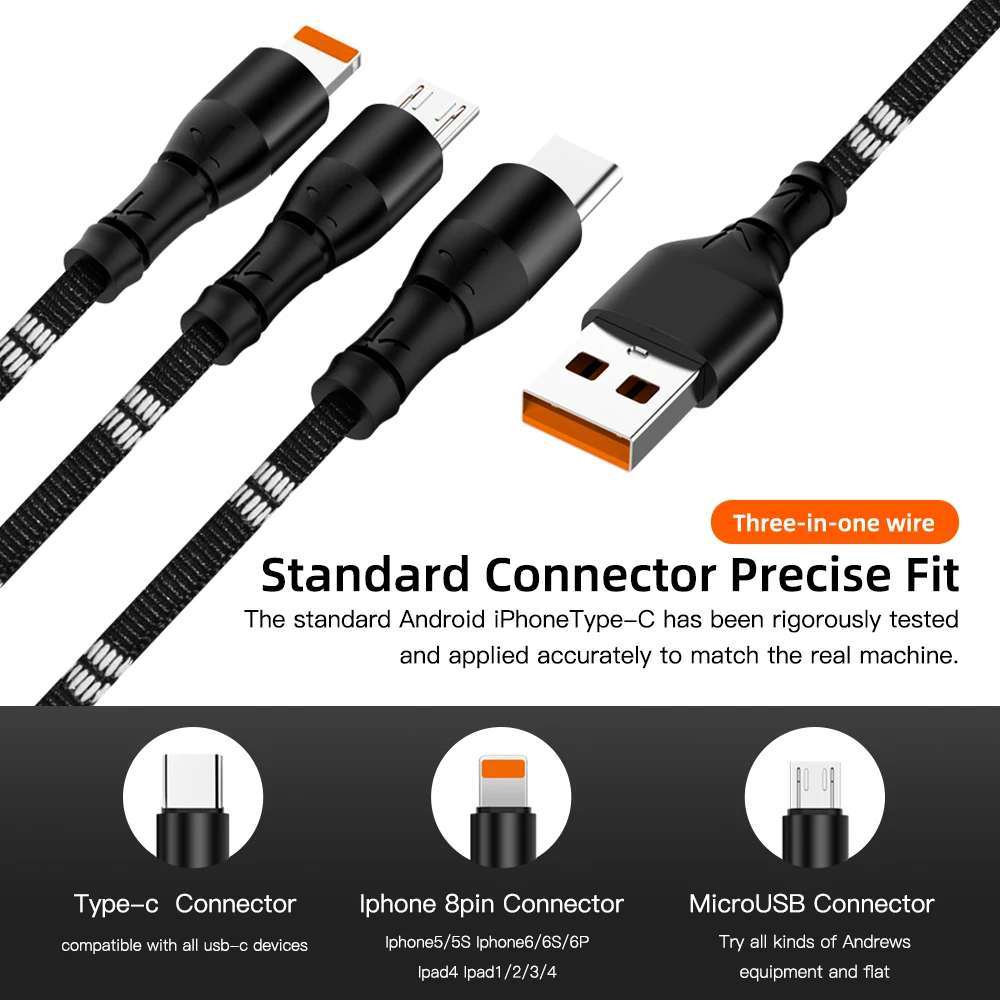 3 в 1 быстрая зарядка USB кабель для iPhone samsung Xiaomi 2.4A мульти зарядное устройство Micro USB 8 Pin кабель 2 в 1 телефон usb type C кабель