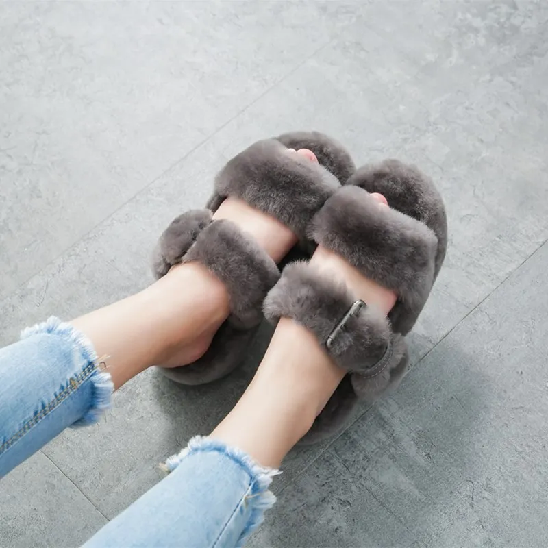 

2019 Summer Autumn Women Sandals With Fur of Sheep Comfortable Slippers Wool Sandals Women plataformas mujer sandalias