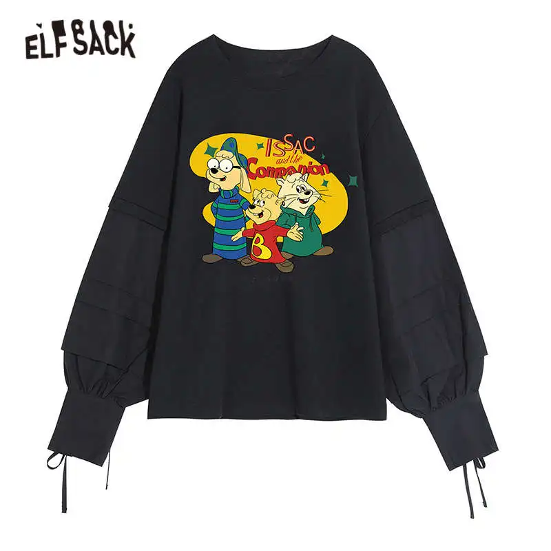 ELFSACK однотонная мультяшная кофта с капюшоном Толстовка для женщин осень на шнуровке с рукавом Бишоп Большие размеры офисные женские топы