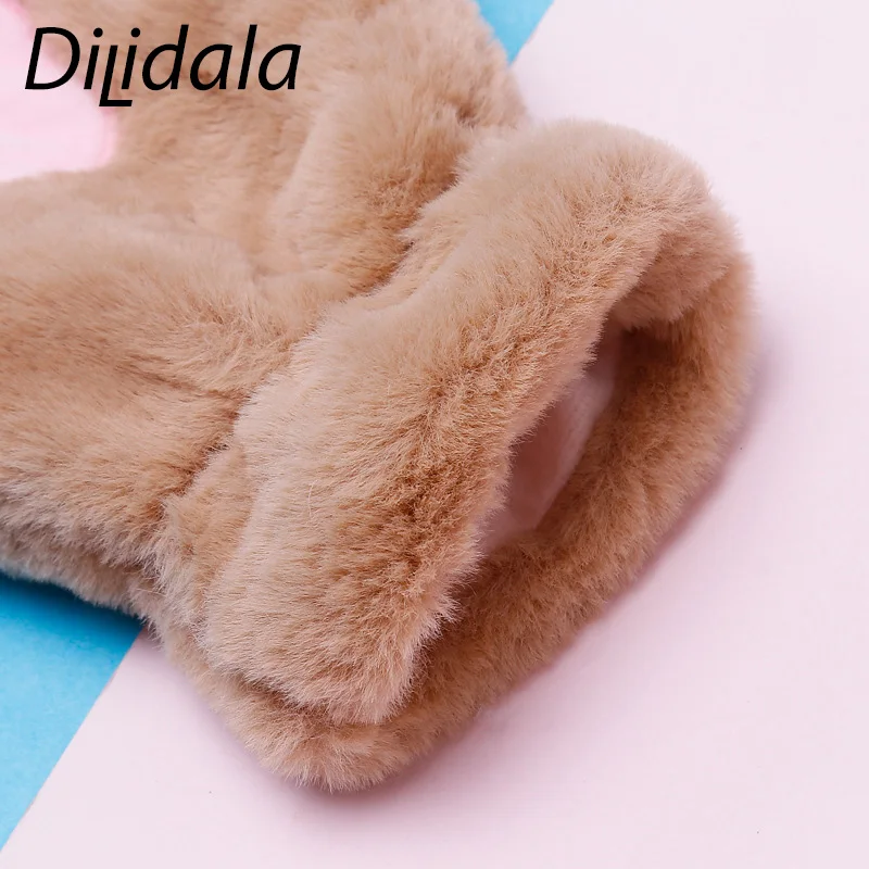 Dilidala, кошачьи когти, плюшевые теплые перчатки, зимние уличные лыжные утолщенные, имитация кроличьей шерсти, Детские Мультяшные перчатки