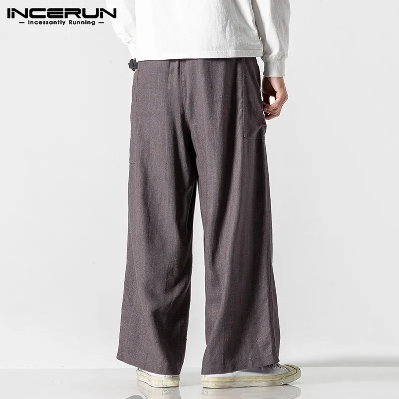 INCERUN Vintage Men Casual Wide Leg Pants Cotton Elastic Waist Pockets Joggers Retro Loose Trousers Men Street Style Long Pants