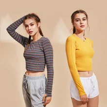 Для женщин длинный рукав, для йоги топ; прилегающие Соблазнительные спортивные короткий топ быстросохнущие Фитнес тренировки стрейч спортивная рубашка с тумб отверстие