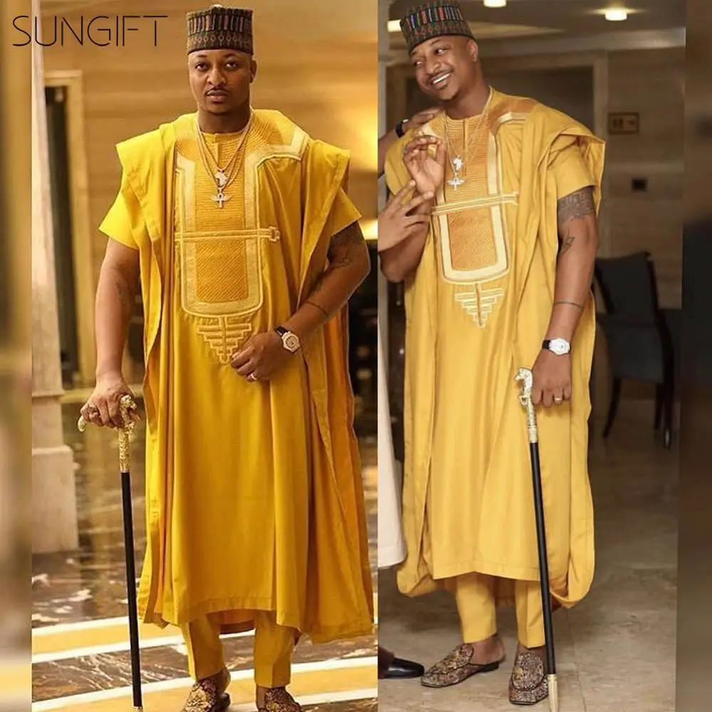 

SUNGIFT Men's African Pattern Short Sleeve Agbada Dashiki Top Yellow Shirts and Pants Plus Size Comfortable Outfits 3 Pieces