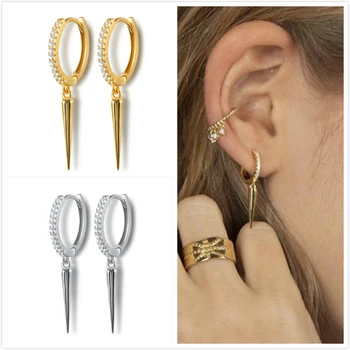 

Real 925 Silver Earrings For Women Gold Spike Earrings Girl Ear Bone Piercing Earring Punk Female Zircon Small Hoop aretes R5