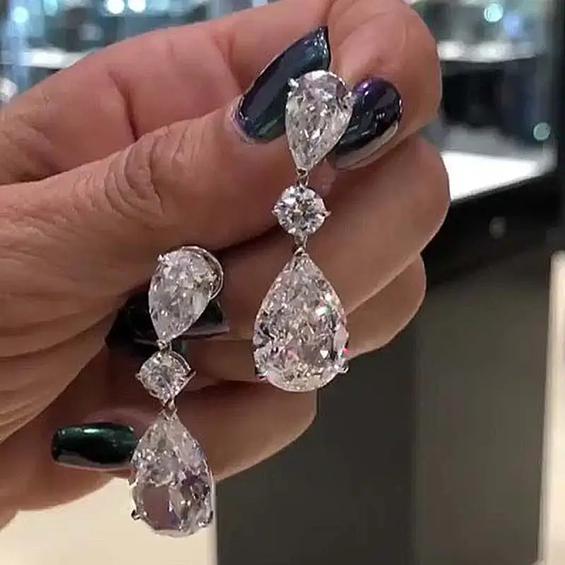 

Luxury Female Big Water Drop Diamond Earrings Vintage 925 Silver Wedding Earrings For Women Crystal topaz Stone Double Earrings