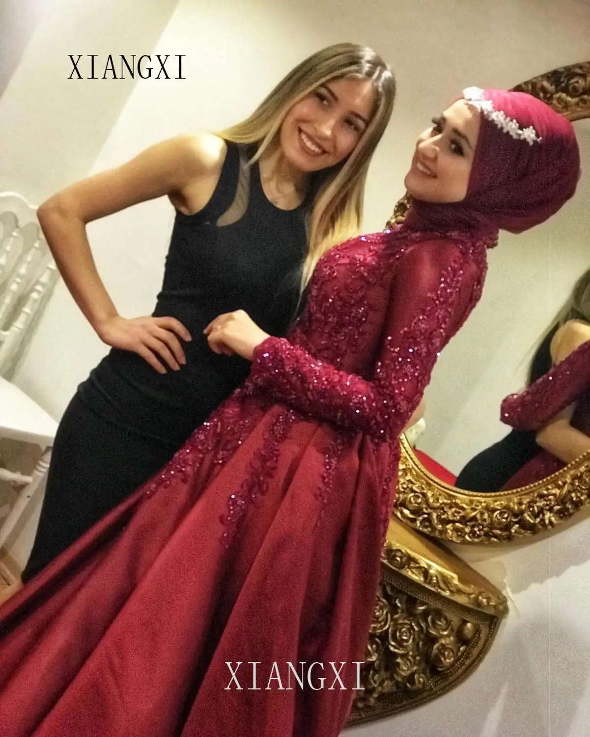 Vestidos бургундское мусульманское вечернее платье Стильное вечернее платье Длинное украшение шеи полный рукав кружева платья с аппликацией для официального приема