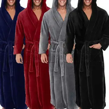 

Robe Men Soft Coral Fleece Solid Color Pockets Long Bath Robe Casual Comfortable Home Gown Sleepwear