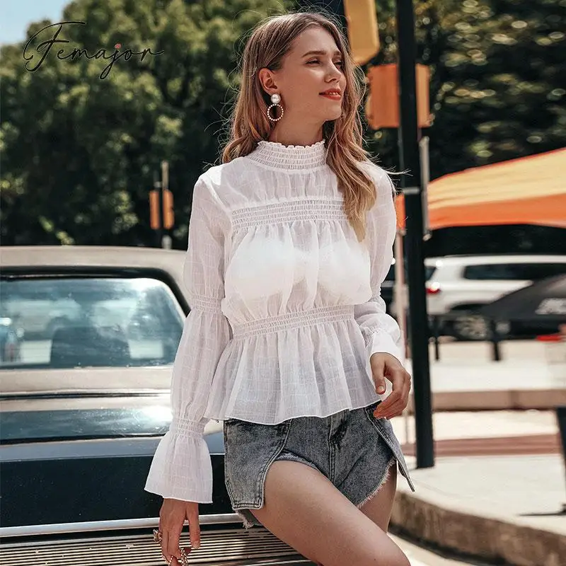 

Femajor Fall 2019 Fashion Sexy See Through Women Tops and Blouse Ladies Long Sleeve Turtleneck Autumn Winter White Shirt Female
