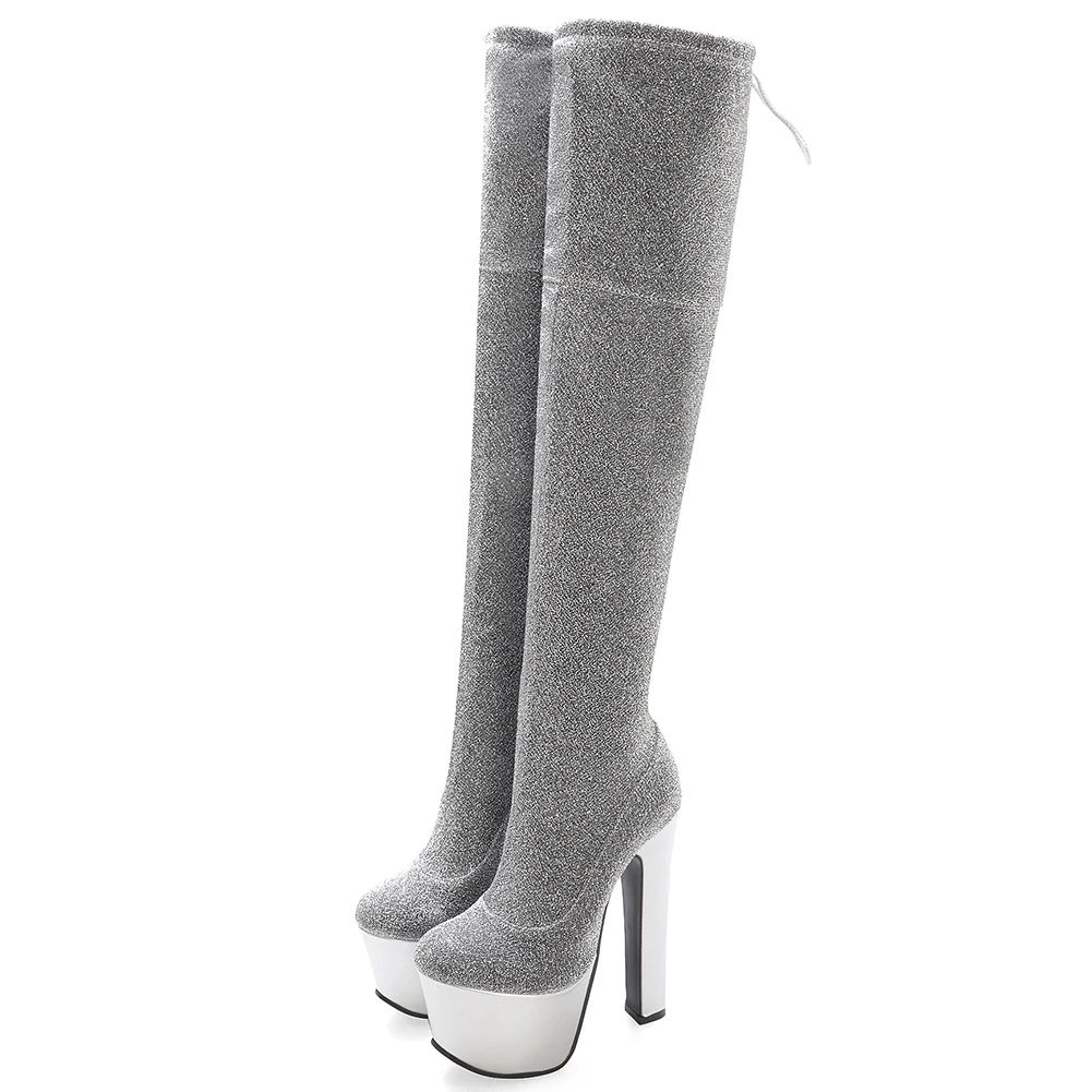 BONJOMARISA/пикантные вечерние сапоги до бедра, Размеры 33-43 г. Женские зимние сапоги выше колена на высокой платформе женские туфли на высоком каблуке - Цвет: silver thin fur