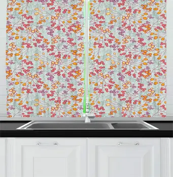 

Pale Blue and Fruits Kitchen Curtains Botanical Print of Winter Berries Colorful Garden Items on Branches for Kitchen Cafe Decor
