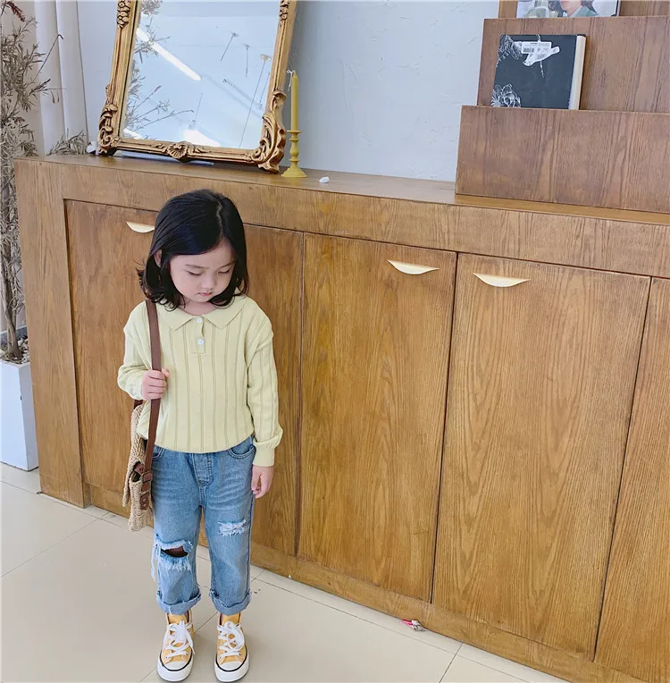 Футболка для маленьких девочек осенние вязаные топы, модная Корейская одежда
