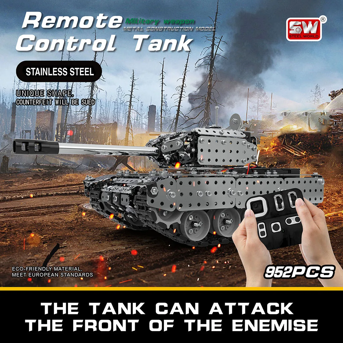 

952Pcs/Set 1:16 Stainless Steel RC Tank Vehicle Model Building Kits Block DIY Small Particle Construction Model