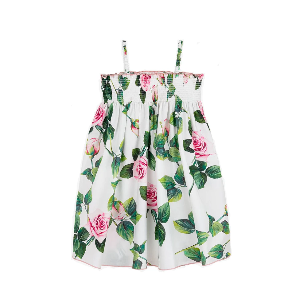

2020 Spring New Girl's Vacation Style Beach Rose Dress Green Leaf Sling Cotton Dress