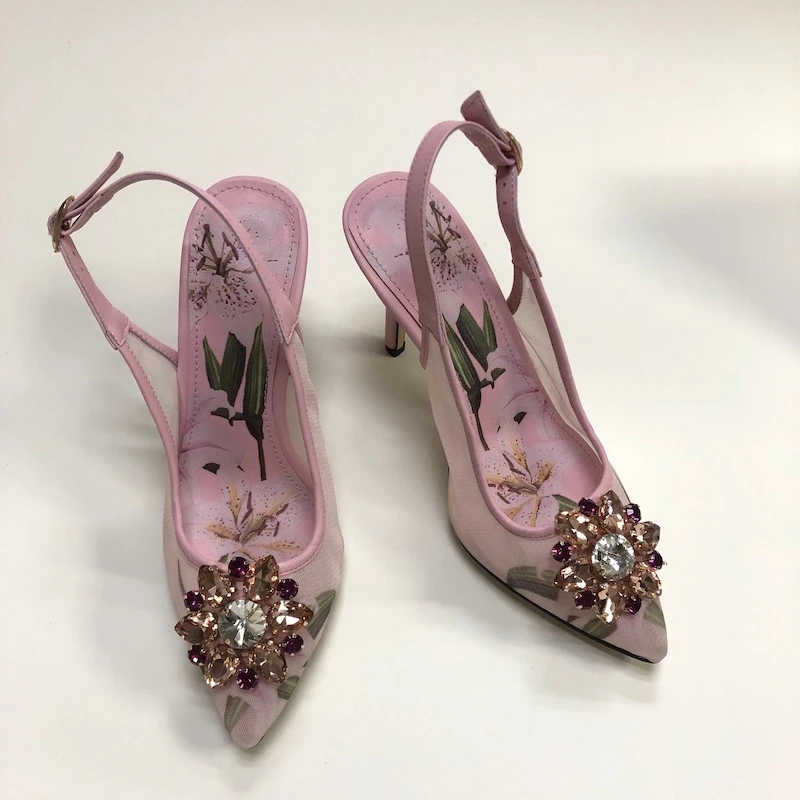 Сетчатые босоножки на высоком каблуке; розовые свадебные модельные туфли с цветочным принтом и драгоценными камнями; большие размеры; женская свадебная обувь для вечеринок
