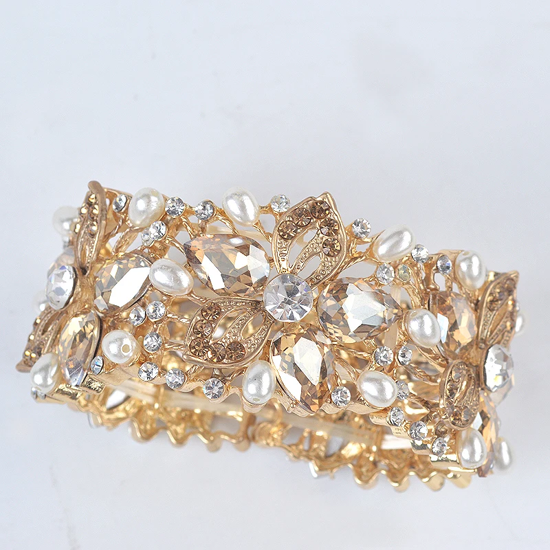 Luxury champagne color Crystal pearl Cuff Bangles Bracelet Big Wide Stretch Indian Bangle Jewelry Gifts for Women Accesorios